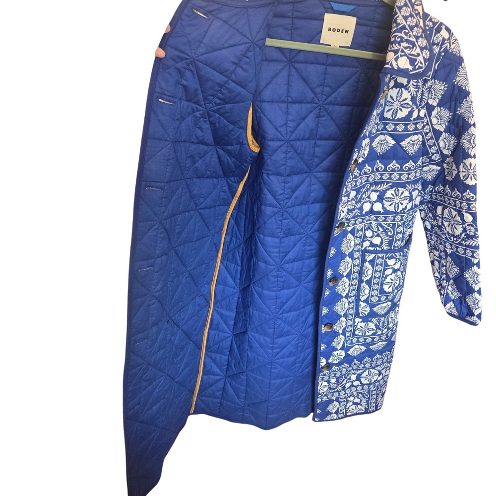 Boden Soft Quilted Longline Coat Collar Pockets Blue White Floral Size 12 Cotton - Picture 6 of 7